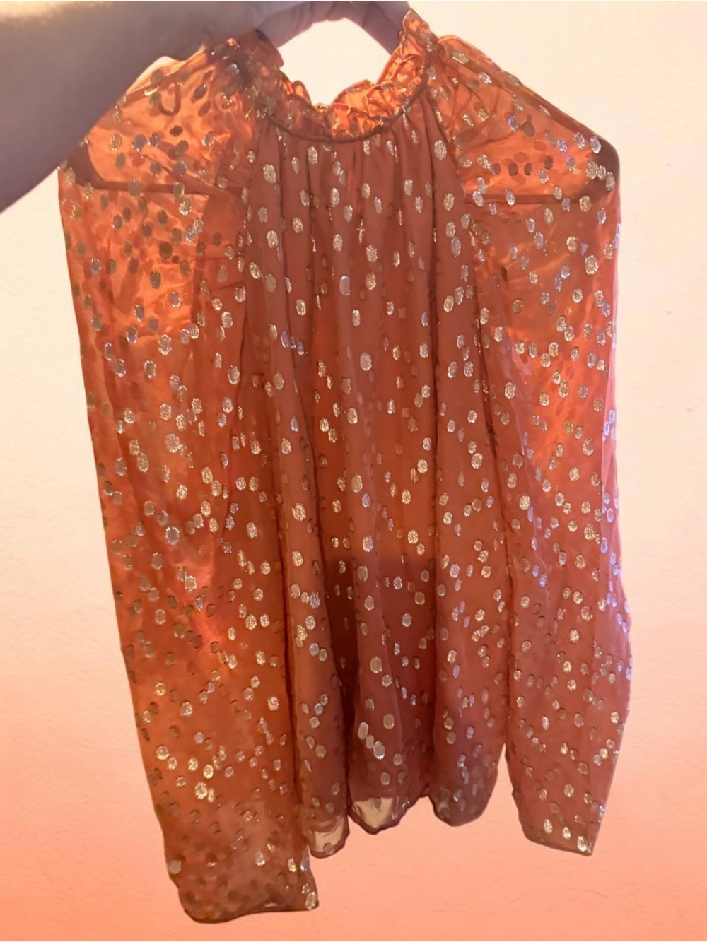 Marie Oliver Orange Sheer Blouse with Gold Dots